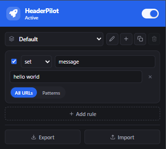 HeaderPilot popup showing a rule that sets a message header, scoped to all URLs